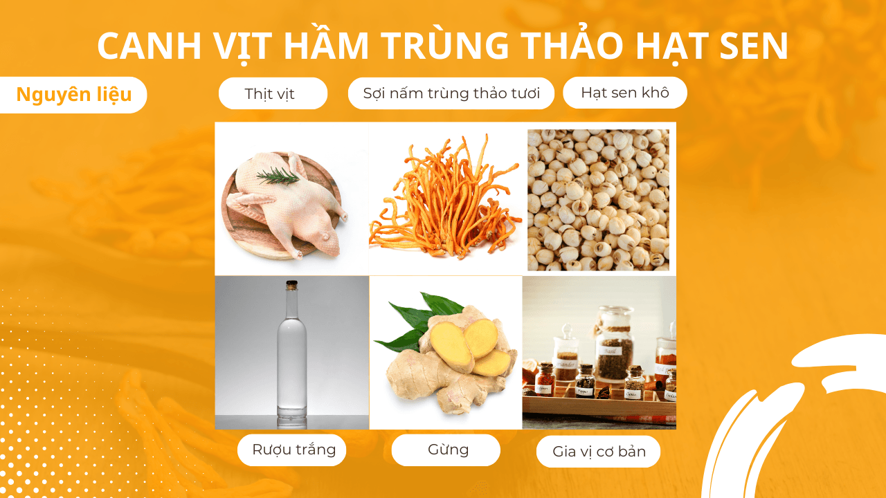 Nguyên liệu cần thiết cho món vịt hầm nấm trùng thảo