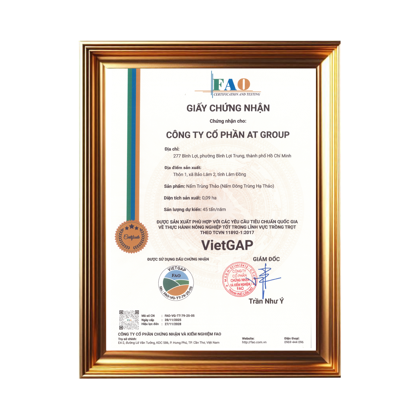 AT Farm đạt chứng nhận VietGAP, củng cố nền tảng vùng nguyên liệu cho các sản phẩm về nấm trùng thảo của AT Food
